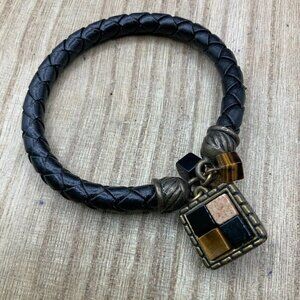 Chico's Braided Leather Tiger Eye Onyx Charms Cuff Bracelet